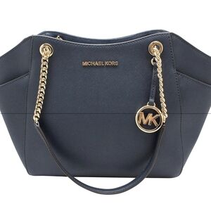 Michael Kors Jet Set Travel Large Chain Shoulder Tote Navy Blue Leather